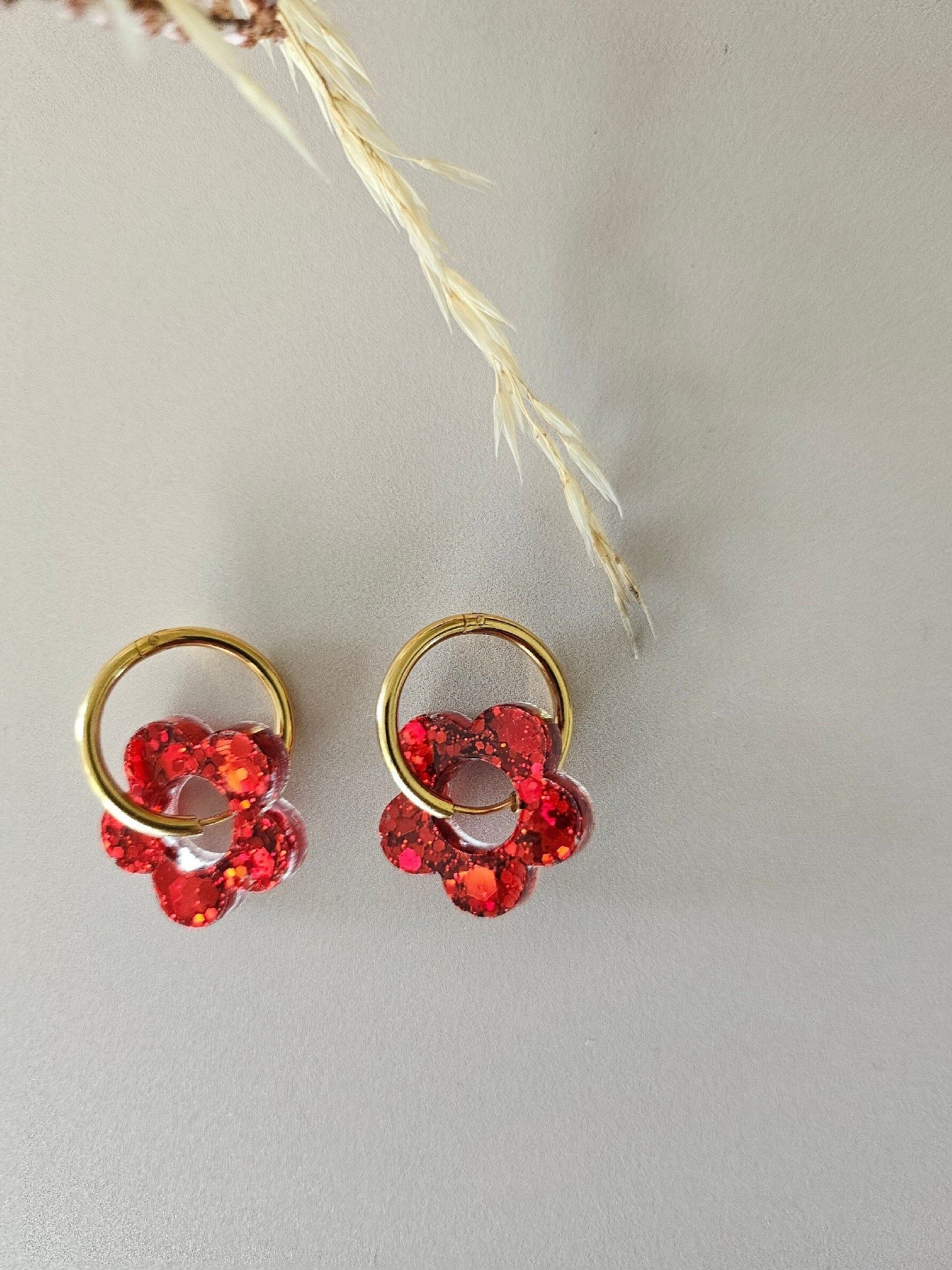 Red resin flower hoop earrings