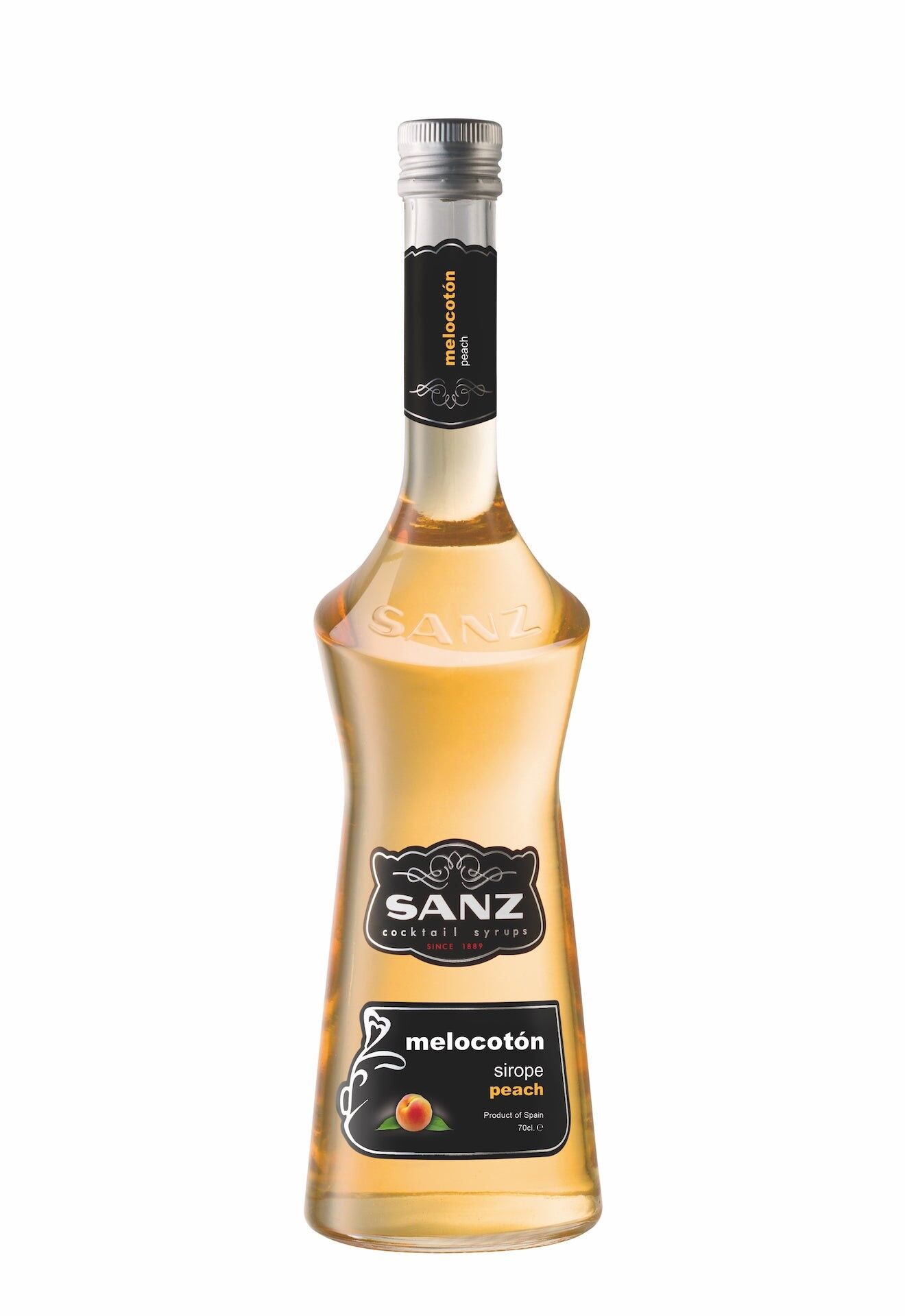 Peach syrup Sanz 0.7l.Cocktail syrup, made from 16% peach juice, alcohol-free