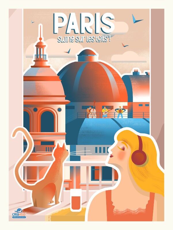 Affiche de Paris - Poster vintage : Toits de Paris et Grands Magasins - format 40x30 cm - illustration originale