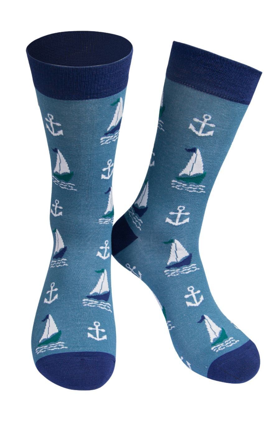 Herren-Socken aus Bambus, nautische Socken, Segelboote, Anker, Marineblau