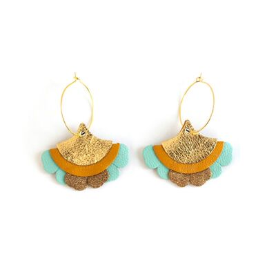 Eventail & Petals hoop earrings in ochre yellow and light turquoise leather