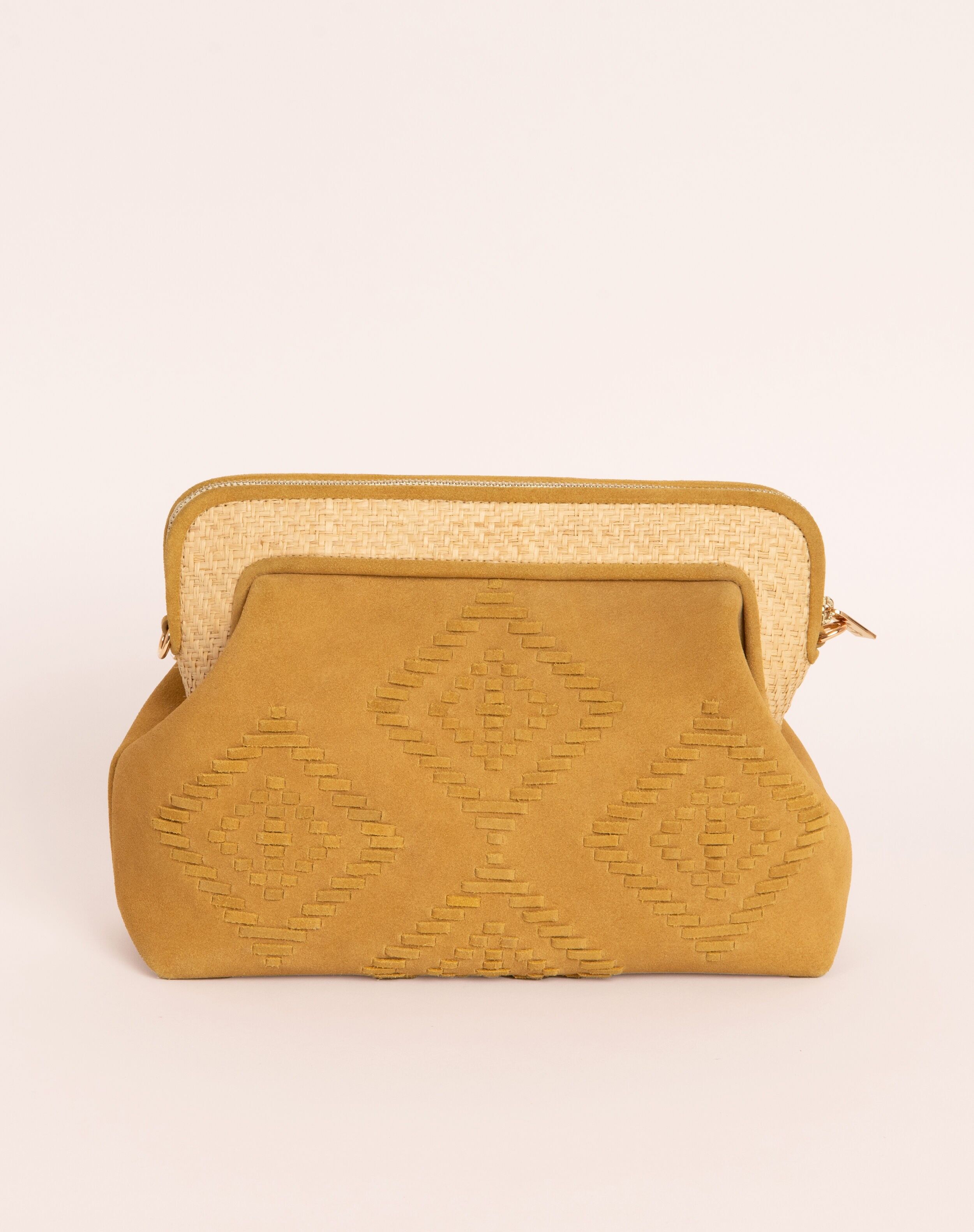 BORSA IN PELLE SCAMOSCIATA OCRA E RAFIA NATURALE LILLA