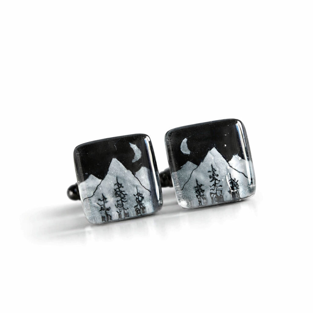 Mountain and Pine Tree Cufflinks, Black and Grey, Unique Gift for Men
