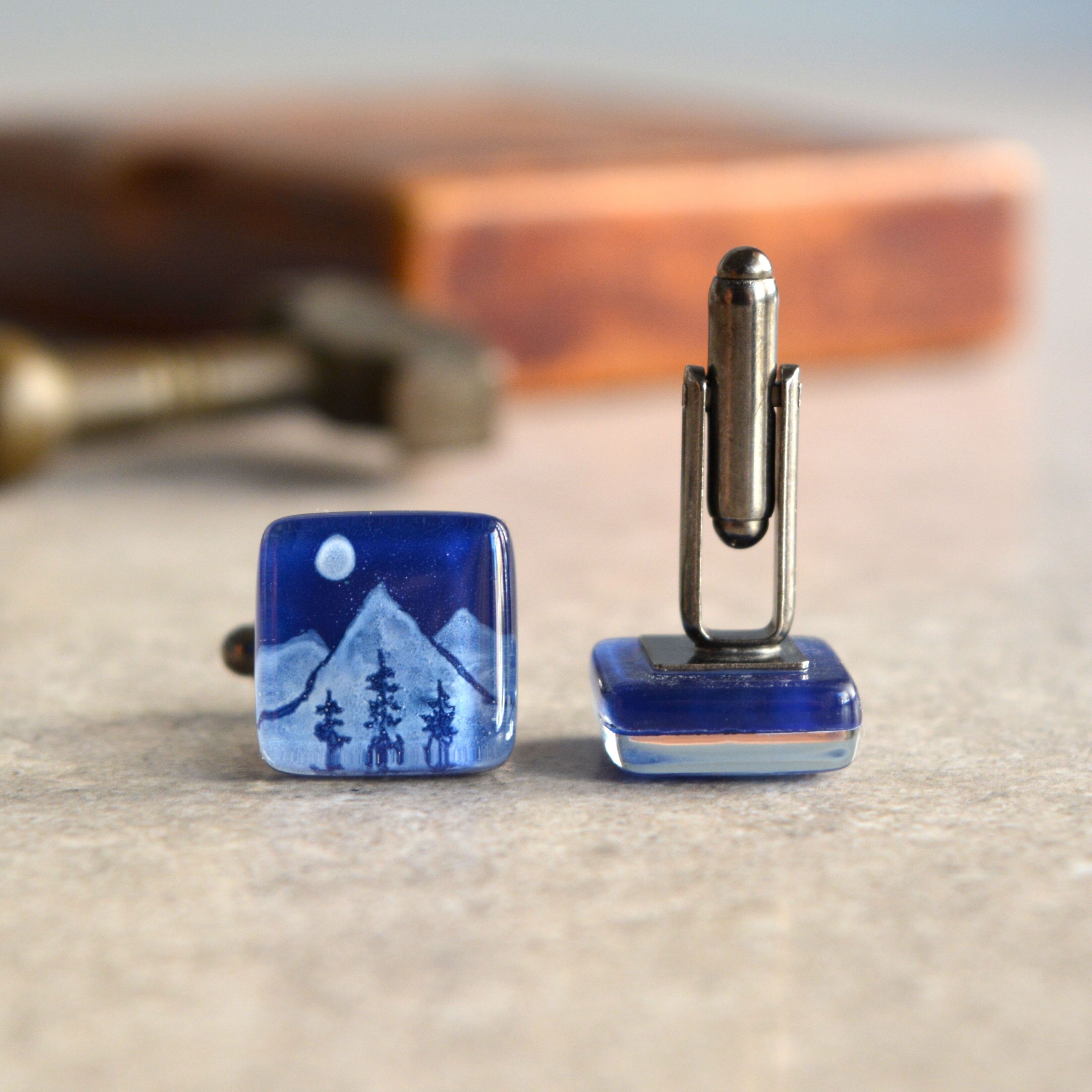 Men's Cufflinks, Mountains Design, Blue