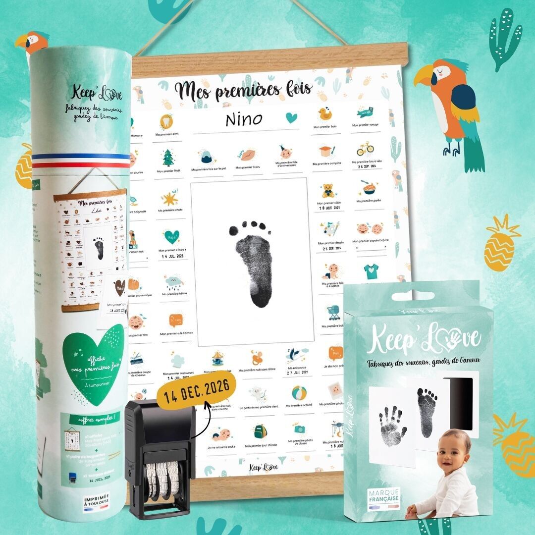 Poster „Meine ersten Male“ – Komplettes Papageien-Geburtsset (A3-Poster + Datumsstempel + Fingerabdruck-Set + Magnetstäbe) – Geburtsgeschenk – Babyparty – Keep‘Love (Marke Toulouse)