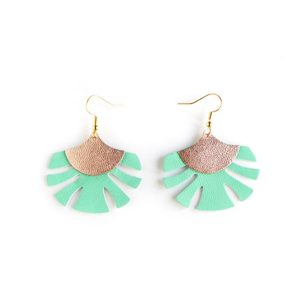 Boucles d'oreilles Palmes - cuir or rose et vert menthe