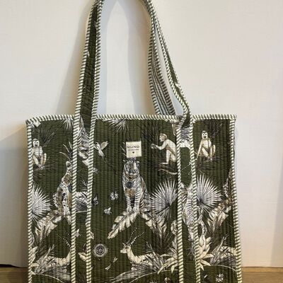 Jungle Quilted Cotton Tote Bag - Dark Green # White Lotus