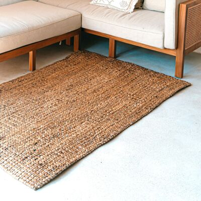 Tapis bohème carré en fibres naturelles – Tapis tissé main – Sous-couche marron – Grand tapis en jacinthe d'eau 180x115 cm SAWAH