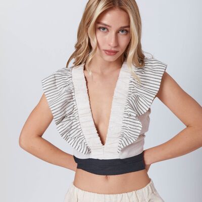 Crop in lino beige con volant Boho