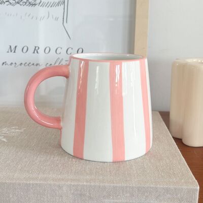 Tazza in ceramica rosa a righe – Tazza da caffè bianca e rosa fatta a mano