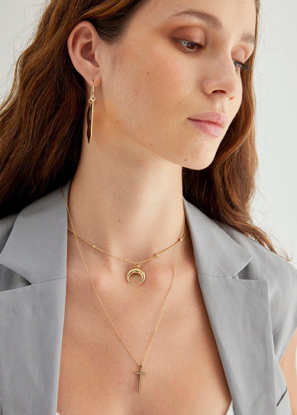 PLA OR 14KT. S. COLLIER LUNE EN ACIER