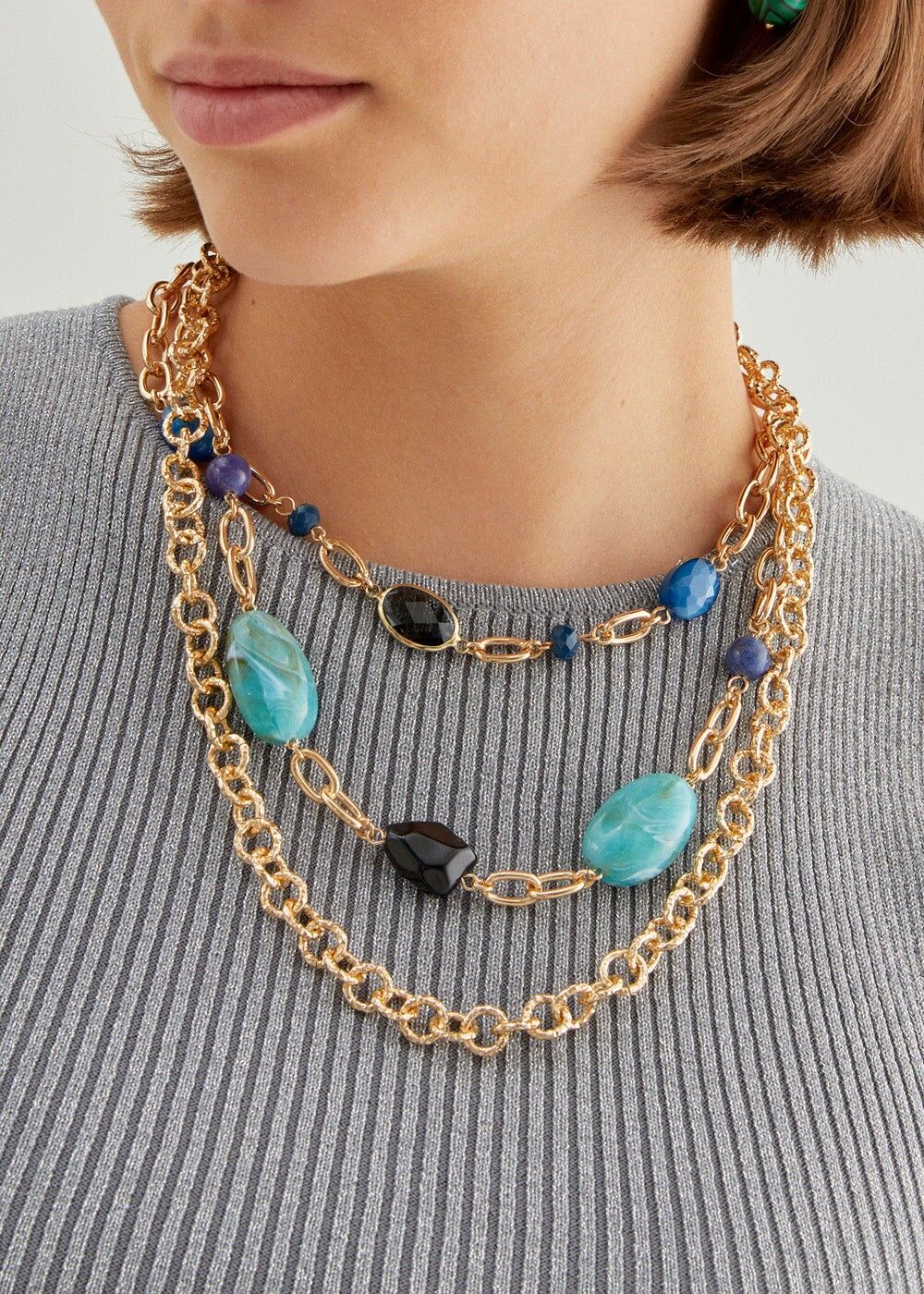 KETTENKETTE MEHRFACH MIT GRÜNEN UND BLAUEN STEINEN