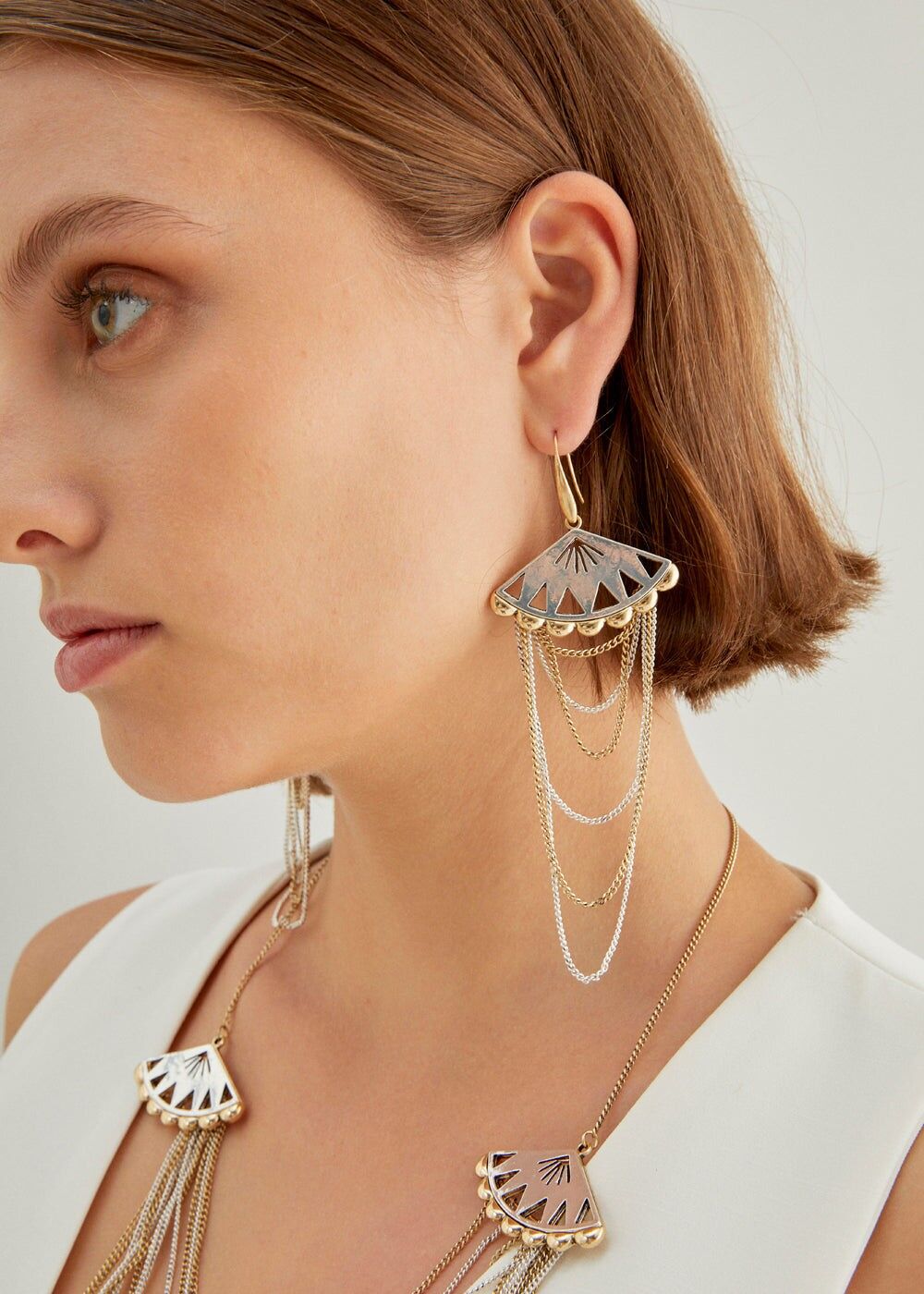 FAN CHAIN EARRINGS IN SILVER+GOLD