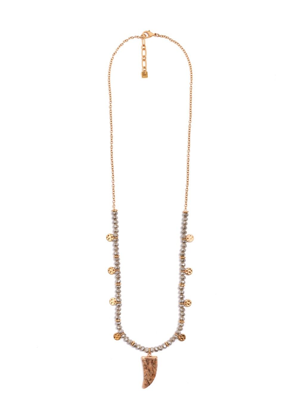LONG NECKLACE WITH HORN AND GOLD PENDANTS