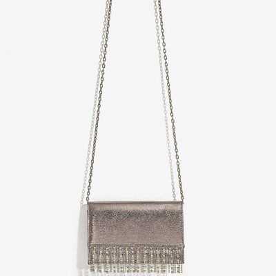 METALLIC DARK SILVER CLUTCH WITH RHINESTONES
