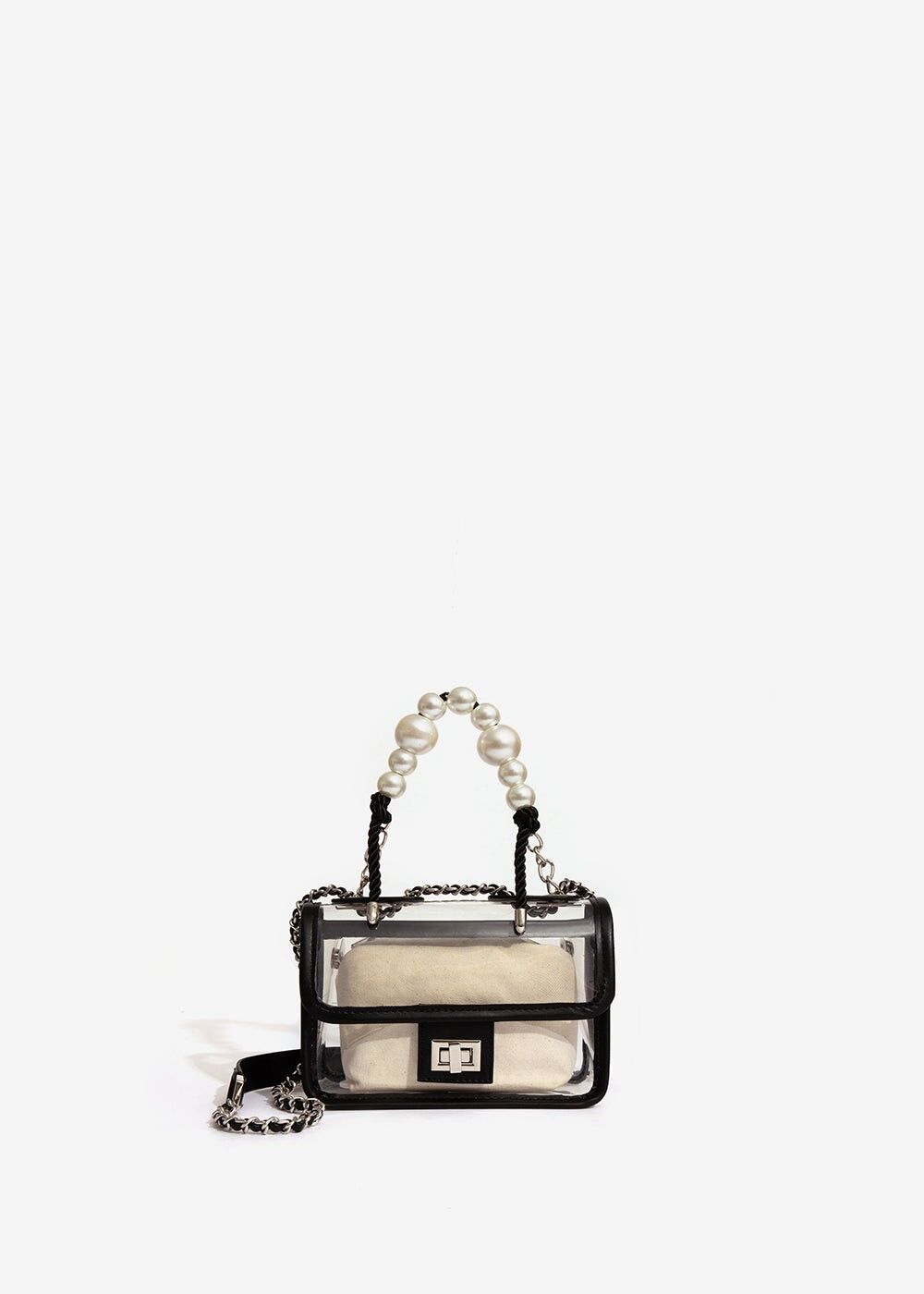 HANDBAG IN PVC WITH BLACK TRIMS AND PEARLS