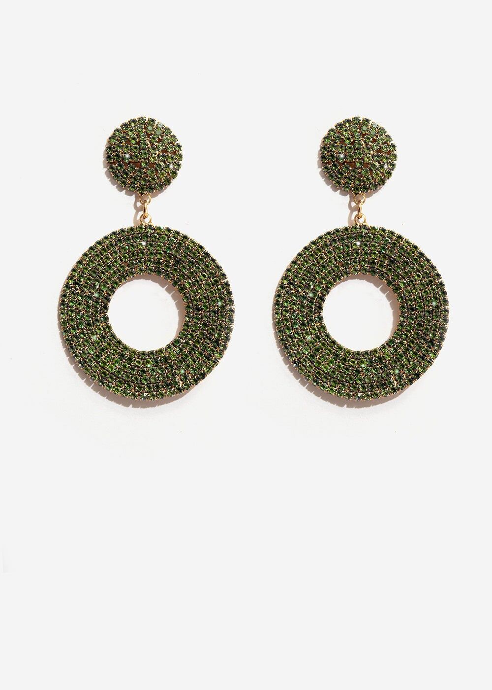 BOUCLES D'OREILLES AVEC PENDENTIF CERCLE DE CRISTAL VERT