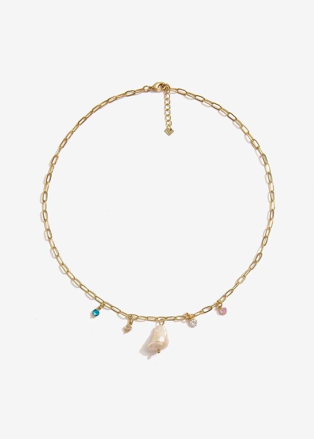 GOLD NECKLACE WITH NATURAL PEARL AND STONES