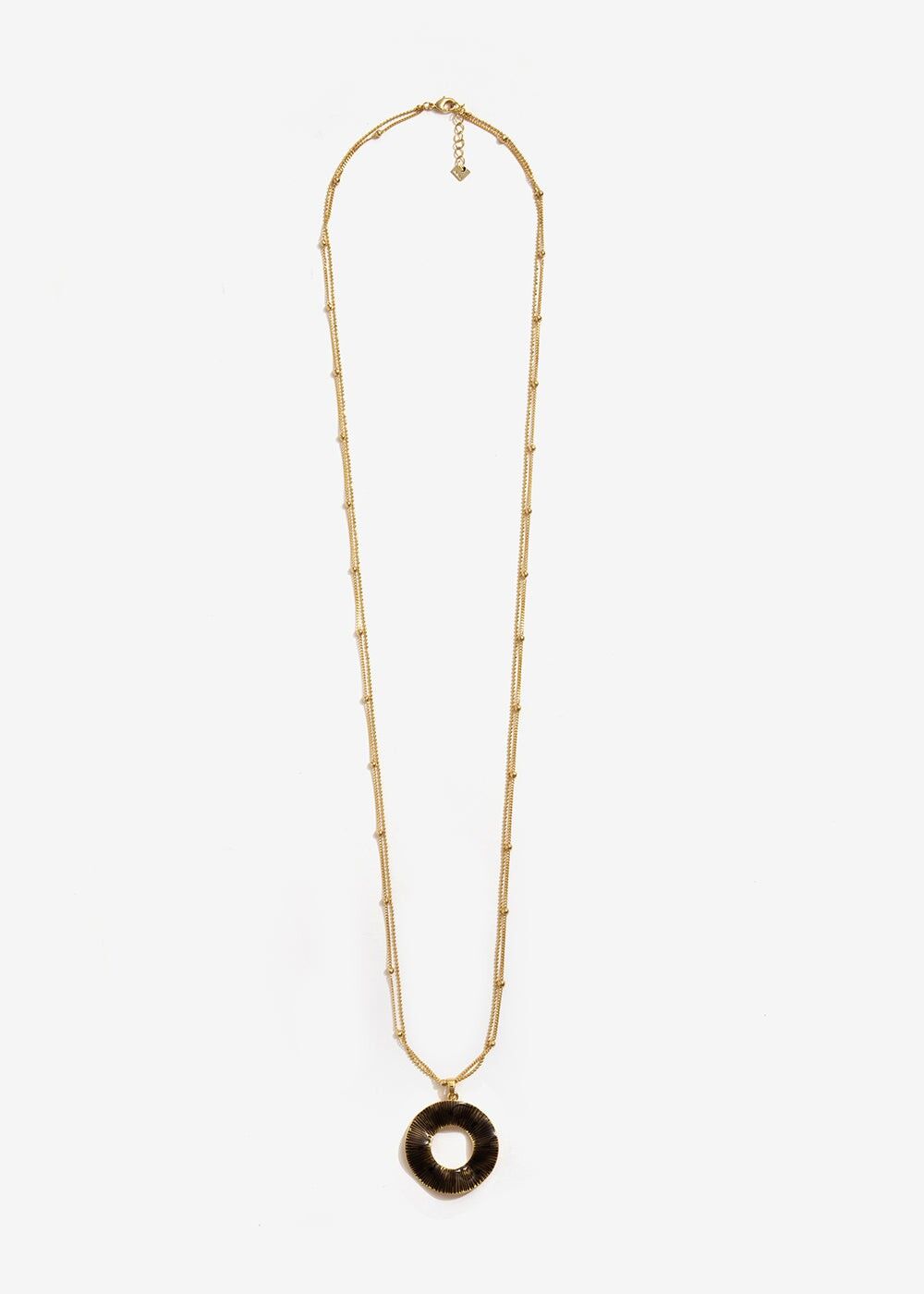 LONG GOLD MULTISTRAND NECKLACE WITH GRAY CIRCLE
