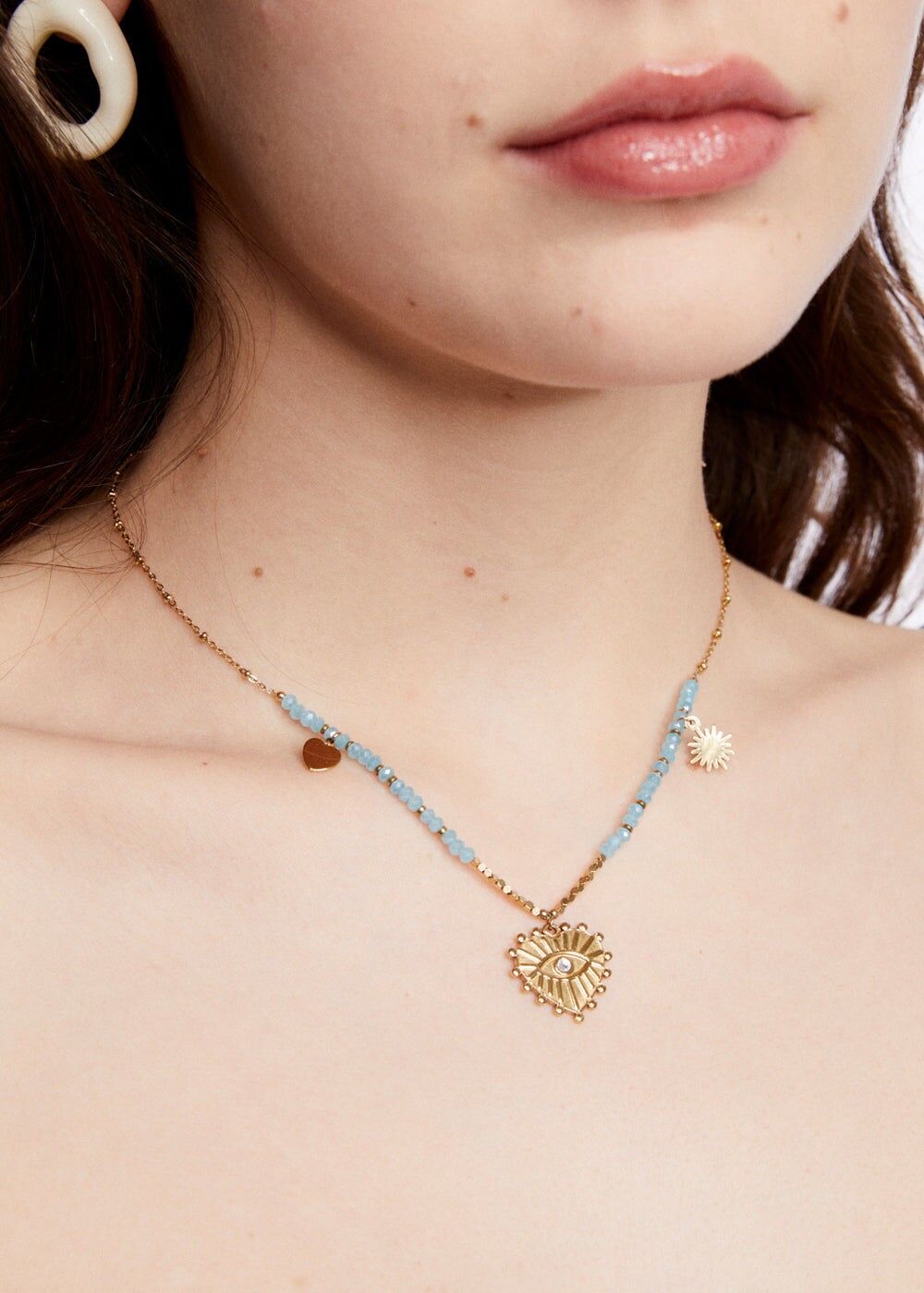 s.STAHLHALSKETTE MIT PERLEN + L.BLAUES HERZ