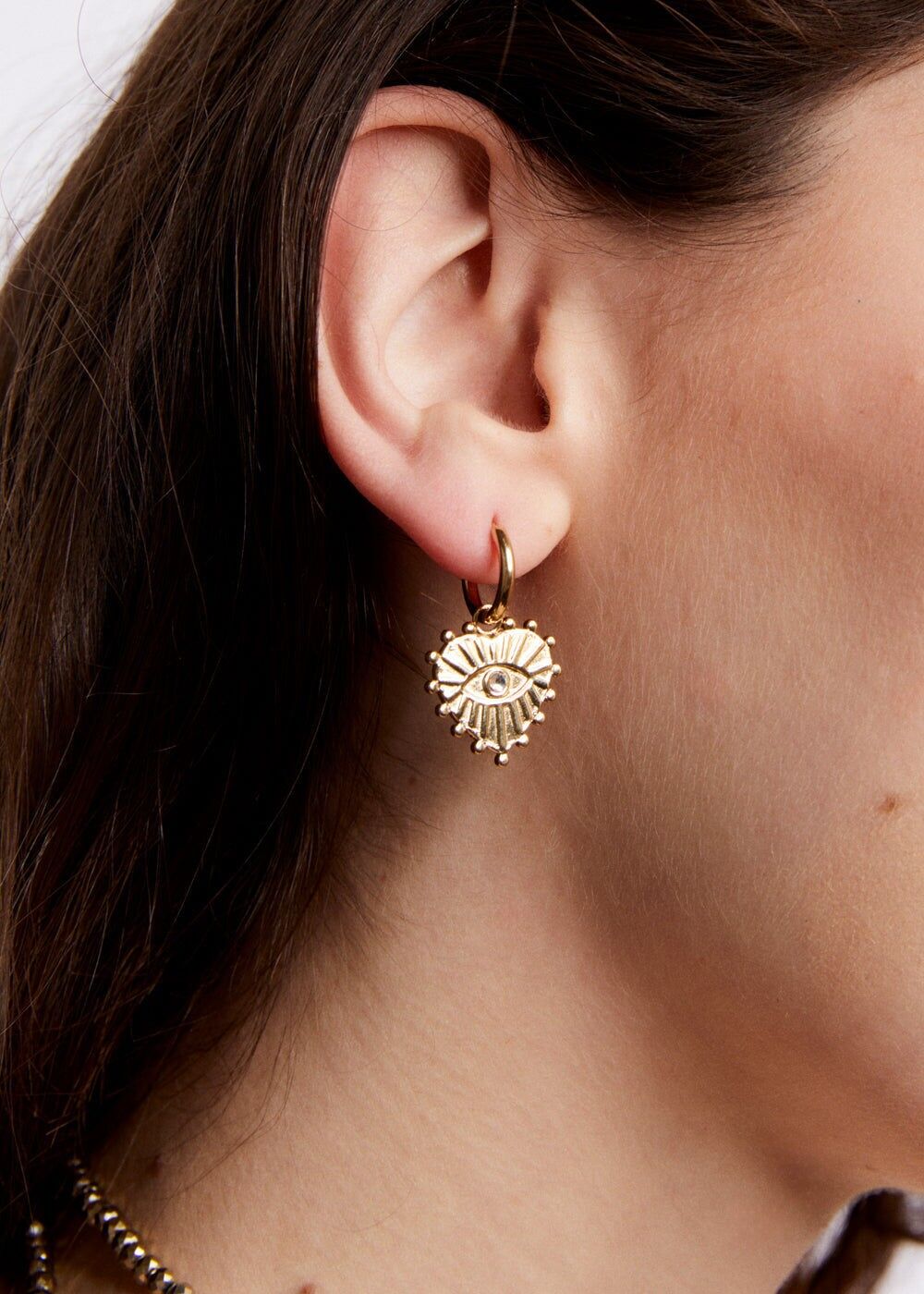 S.STEEL HOOP EARRINGS W/ GOLD HEART+EYE