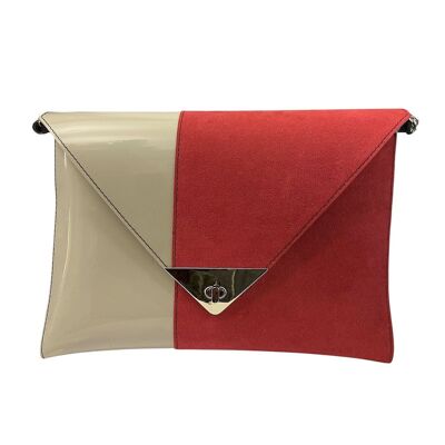 Clutch - Women's handbag and shoulder bag in shiny beige PVC and coral alcantara
