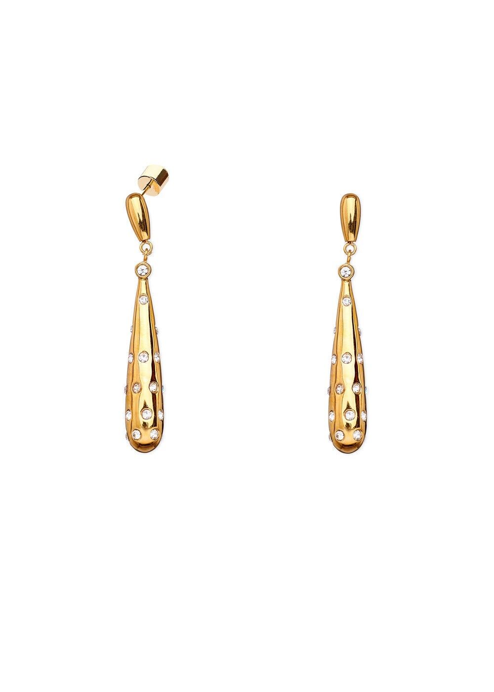 PENDIENTES LARGOS ORO C/ CRISTALES MANCHA. ACERO