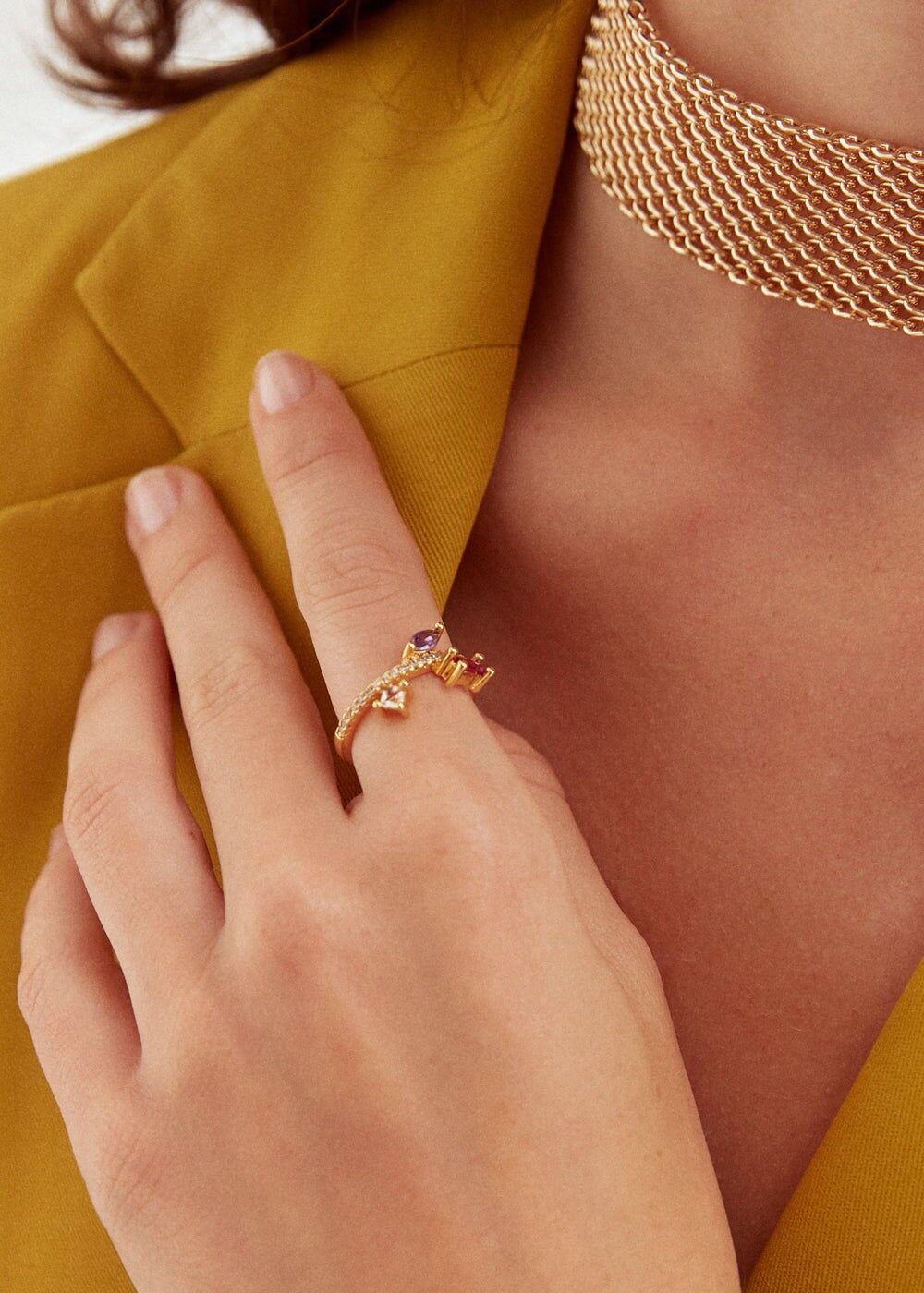 GOLD RING WITH ORANGE PINK GREEN ZIRCONS