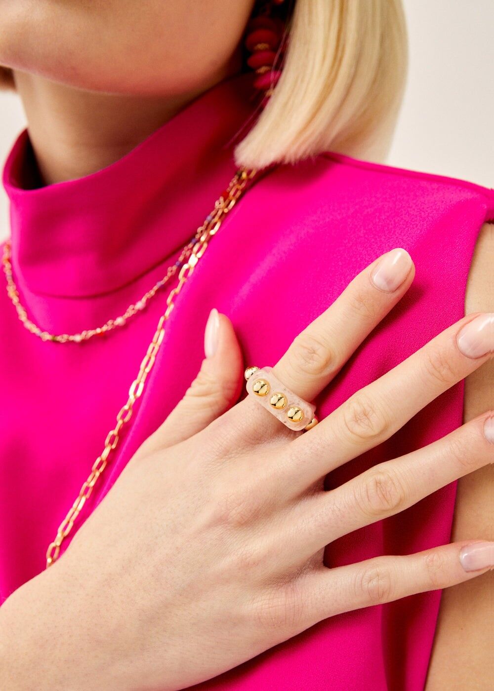 ANILLO TRIO CON ESFERAS DE RESINA ROSA