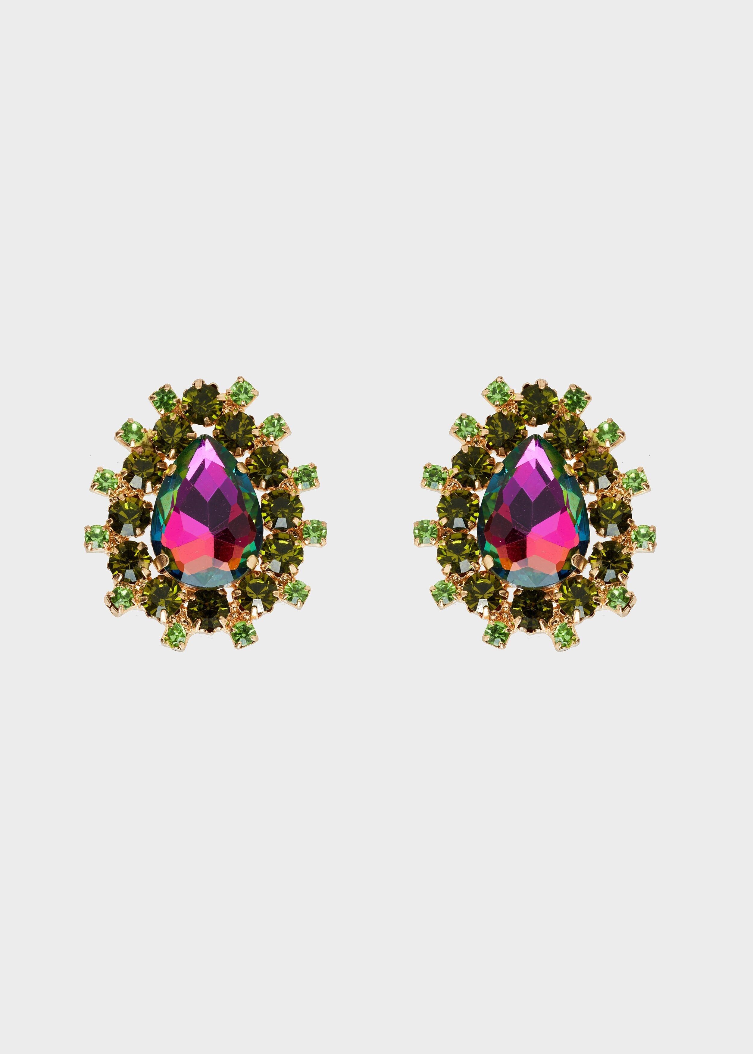 TEAR EARRINGS WITH GREEN AND PURPLE STONES