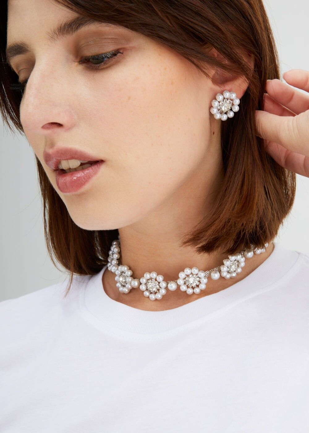SILVER EARRINGS WITH PEARL FLOWER AND STONES
