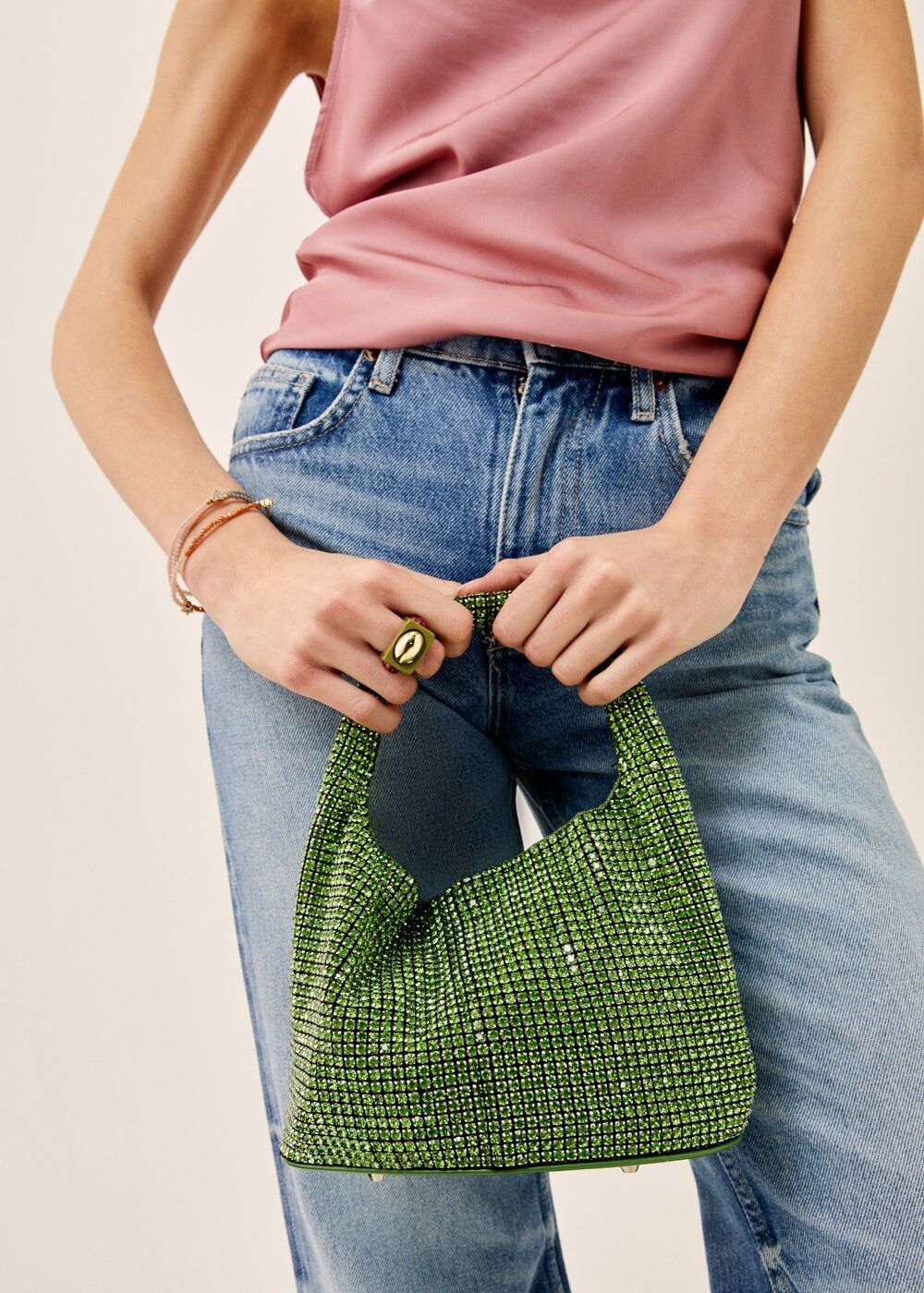 SHINY HANDBAG W/ GREEN STONES