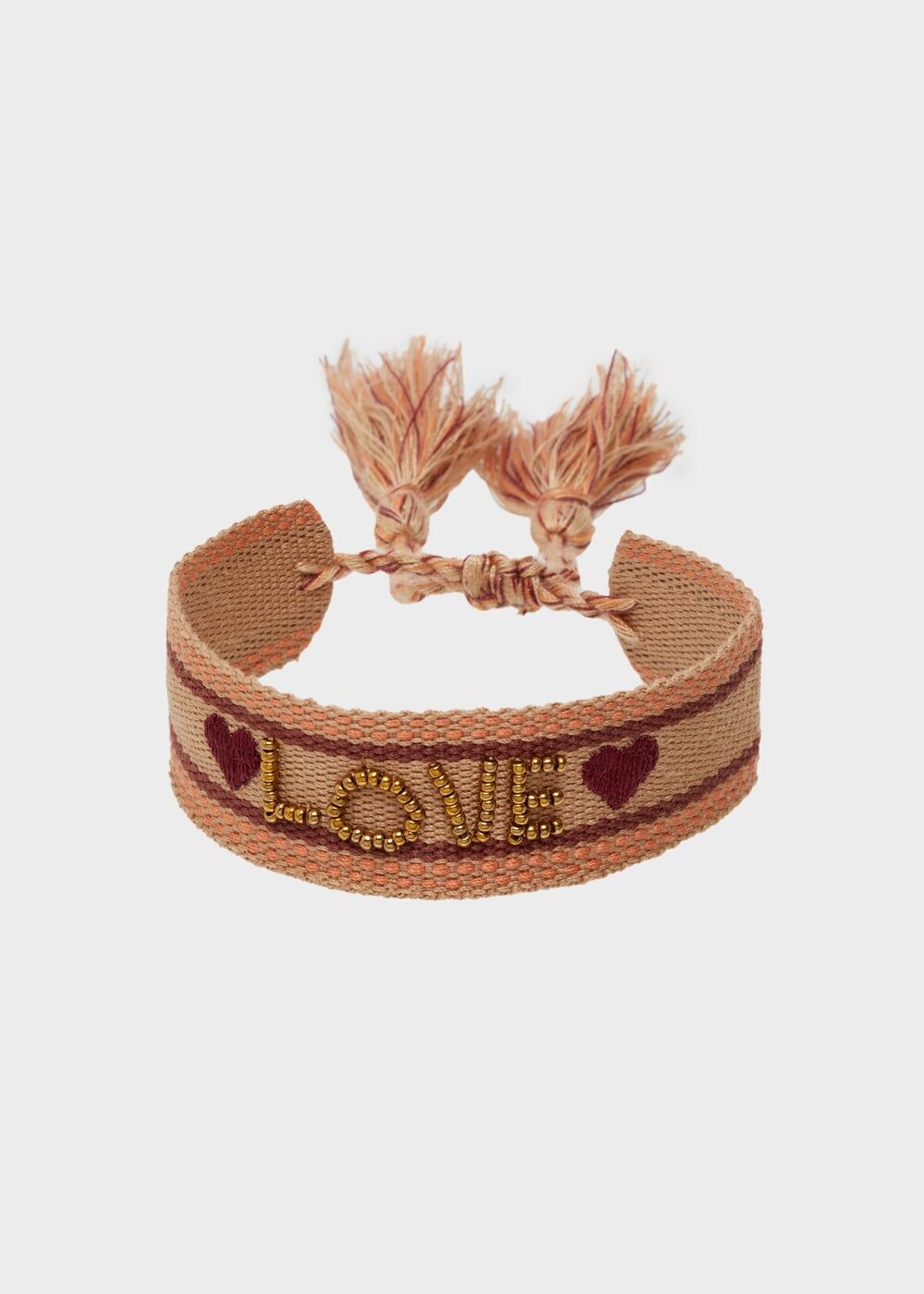 LOVE FABRIC BRACELET WITH BEADS BROWN