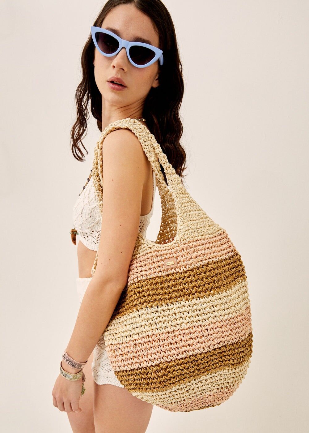 SIMONE RAFFIA SCHULTERTASCHE ROSA/BRAUN