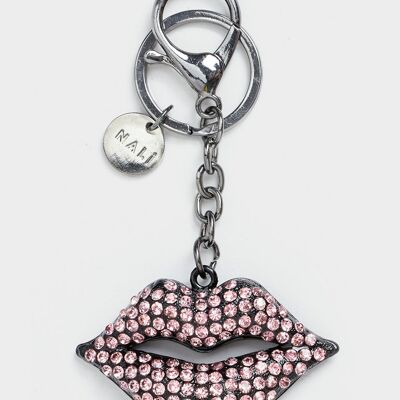 PORTE-CLÉS KISS GRIS FONCÉ ET CRISTAUX ROSE
