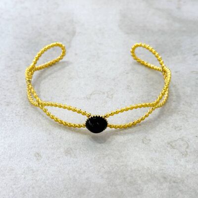 Sandy Stainless Steel Bangle Bracelet w Black Agate Stone