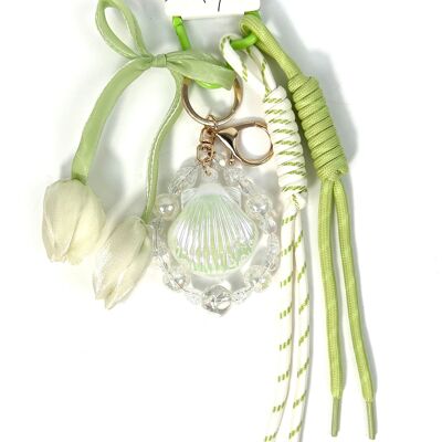 Portachiavi con ciondolo per borsa GRIGRI ultra carino con conchiglia e tulipani verde pastello