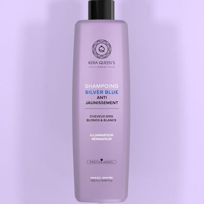 SHAMPOING "SILVER BLUE" ANTI-JAUNISSEMENT - CHEVEUX GRIS/BLANCS/BLONDS - ILLUMINATEUR REPARATEUR - 500 ML - KERA QUEEN'S