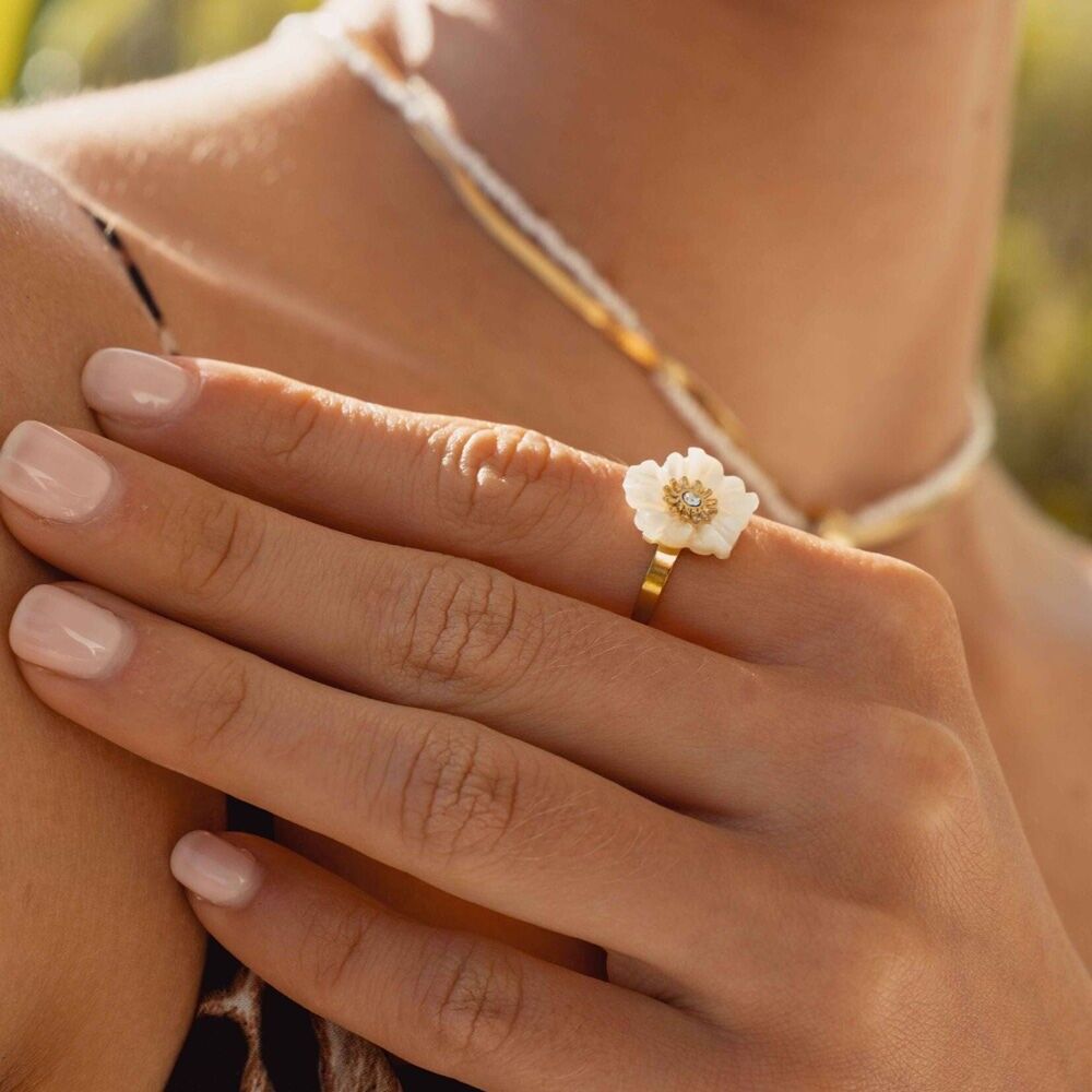 Elfie-Ring – Perlenblume und kleiner Kristall