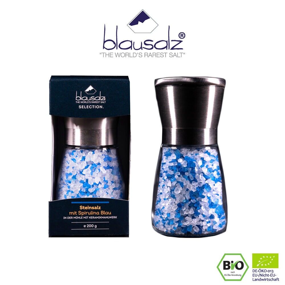 Salt mill 14 cm, filled with 200 g, coarse blue salt, with ceramic grinder made of brushed stainless steel!