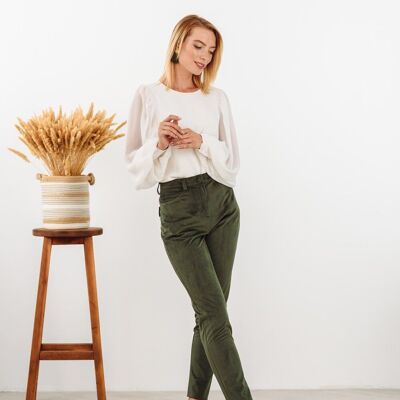 Khaki corduroy AZURI trousers with flaps