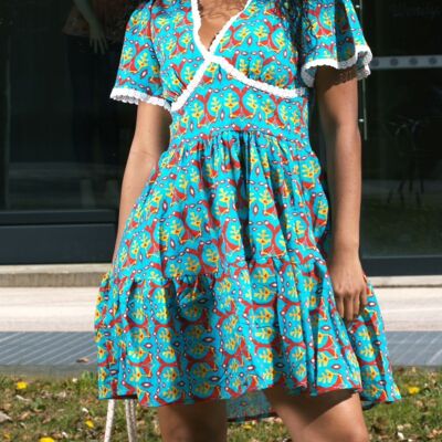 Vestido corto evasé de algodón estampado - Mangas cortas - Estilo bohemio