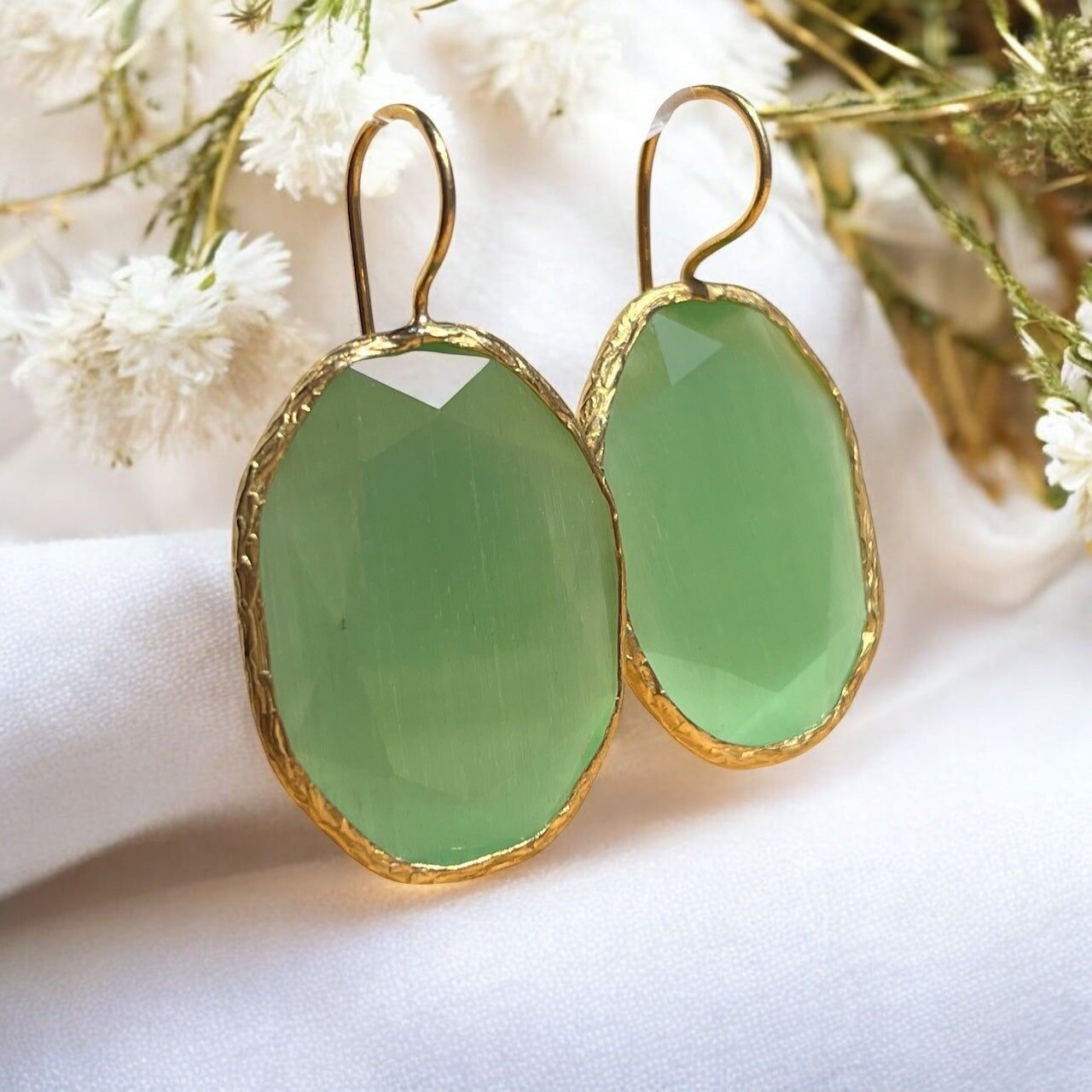 Boucles d’oreilles "DHAKA" pierre naturelle Agate verte dorées or fin
