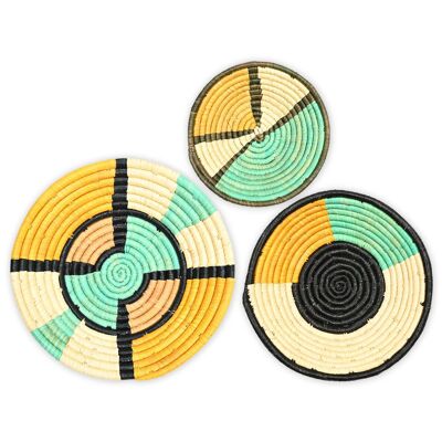 JINJA : Lot de 3 paniers muraux bleu aqua, pêche et jaune moutarde