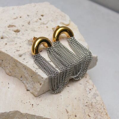 Elegantes pendientes de acero inoxidable bicolor con cadenas
