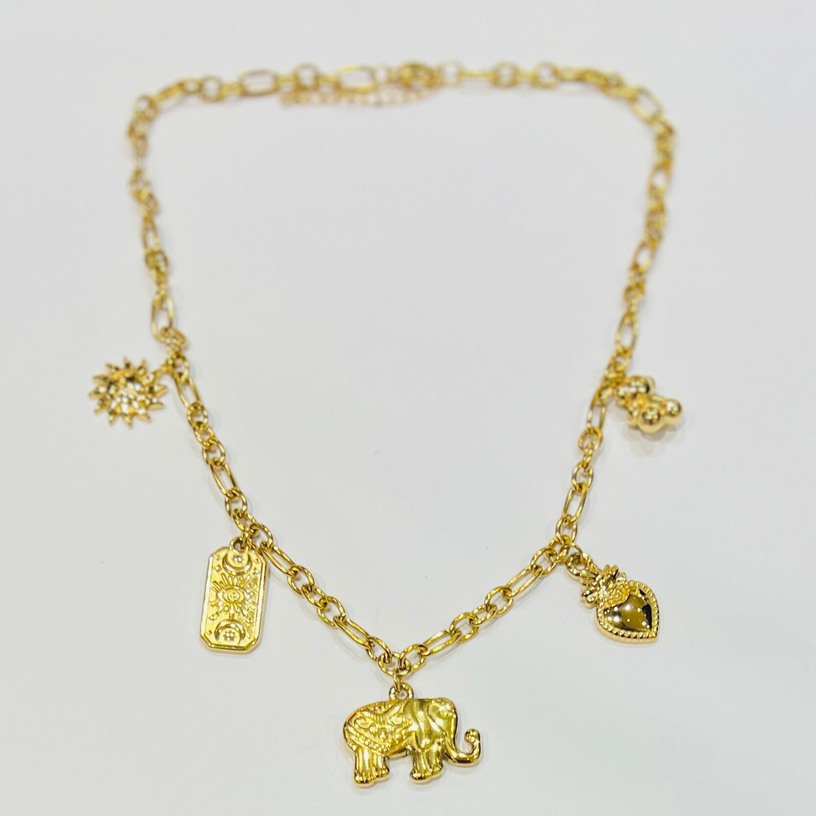 Edelstahlkette mit Elefanten- und Kleeblatt-Anhängern