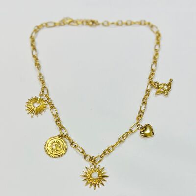 Collana in acciaio inossidabile con ciondoli a forma di uccello, sole e cuore