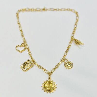 Collar de acero inoxidable con charms de candado de sol y luna.