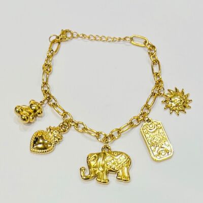 Bracelet acier inox maillons breloques elephant trefle