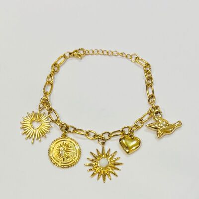Bracciale in acciaio inossidabile con ciondoli a forma di uccello, sole e cuore